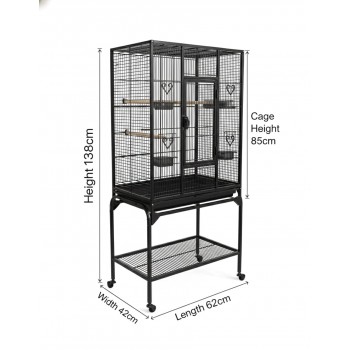 Large Black Metal Bird Cage with Stand & Storage Shelf (62×42 X138 cm), Rolling Casters, Play Top, Easy-Clean Tray for Small to Medium Birds – 5006A