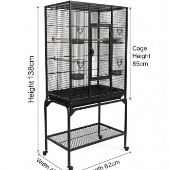 Large Black Metal Bird Cage with Stand & Storage Shelf (62×42 X138 cm), Rolling Casters, Play Top, Easy-Clean Tray for Small to Medium Birds – 5006A