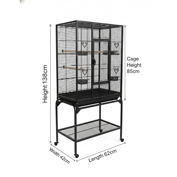 Large Black Metal Bird Cage with Stand & Storage Shelf (62×42 X138 cm), Rolling Casters, Play Top, Easy-Clean Tray for Small to Medium Birds – 5006A