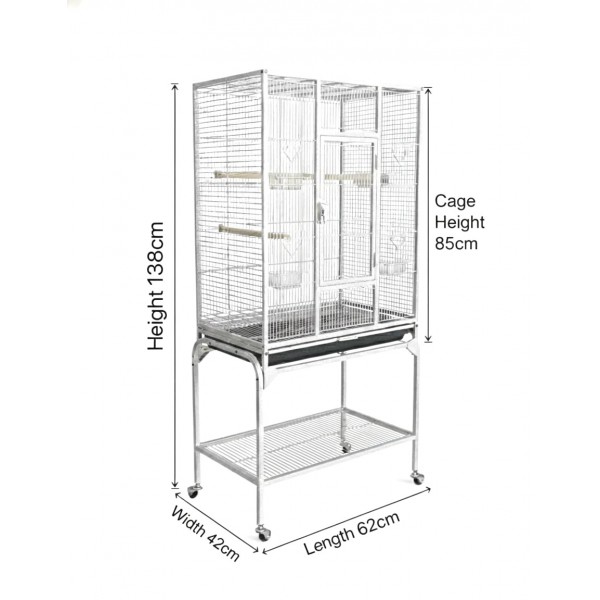 Large White Metal Bird Cage with Stand & Storage Shelf (62 × 42 × 138 cm), Rolling Casters, Play Top, Easy-Clean Tray for Small to Medium Birds – 5006A