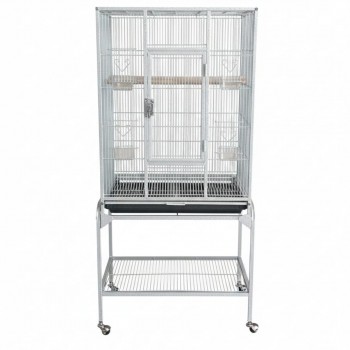 Large White Metal Bird Cage with Stand & Storage Shelf (62 × 42 × 138 cm), Rolling Casters, Play Top, Easy-Clean Tray for Small to Medium Birds – 5006A
