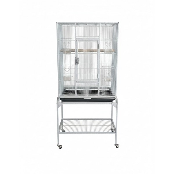 Large White Metal Bird Cage with Stand & Storage Shelf (62 × 42 × 138 cm), Rolling Casters, Play Top, Easy-Clean Tray for Small to Medium Birds – 5006A
