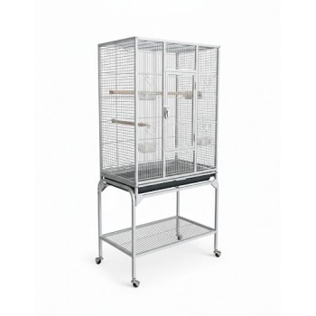 Large White Metal Bird Cage with Stand & Storage Shelf (62 × 42 × 138 cm), Rolling Casters, Play Top, Easy-Clean Tray for Small to Medium Birds – 5006A