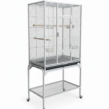 Large White Metal Bird Cage with Stand & Storage Shelf (62 × 42 × 138 cm), Rolling Casters, Play Top, Easy-Clean Tray for Small to Medium Birds – 5006A