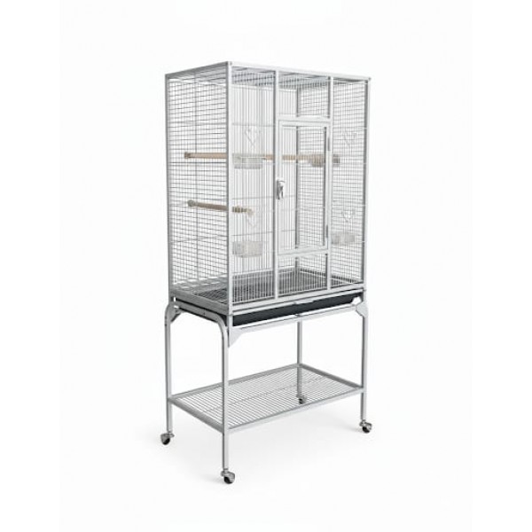 Large White Metal Bird Cage with Stand & Storage Shelf (62 × 42 × 138 cm), Rolling Casters, Play Top, Easy-Clean Tray for Small to Medium Birds – 5006A