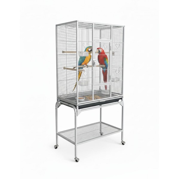 Large White Metal Bird Cage with Stand & Storage Shelf (62 × 42 × 138 cm), Rolling Casters, Play Top, Easy-Clean Tray for Small to Medium Birds – 5006A