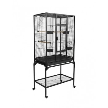 Large Black Metal Bird Cage with Stand & Storage Shelf (62×42 X138 cm), Rolling Casters, Play Top, Easy-Clean Tray for Small to Medium Birds – 5006A