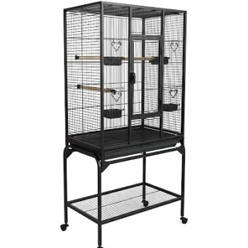 Large Black Metal Bird Cage with Stand & Storage Shelf (62×42 X138 cm), Rolling Casters, Play Top, Easy-Clean Tray for Small to Medium Birds – 5006A