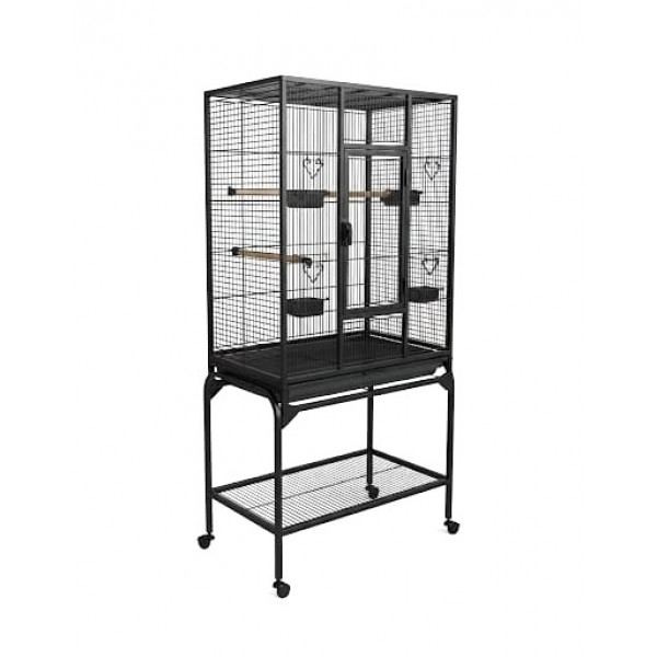 Large Black Metal Bird Cage with Stand & Storage Shelf (62×42 X138 cm), Rolling Casters, Play Top, Easy-Clean Tray for Small to Medium Birds – 5006A