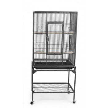 Large Black Metal Bird Cage with Stand & Storage Shelf (62×42 X138 cm), Rolling Casters, Play Top, Easy-Clean Tray for Small to Medium Birds – 5006A