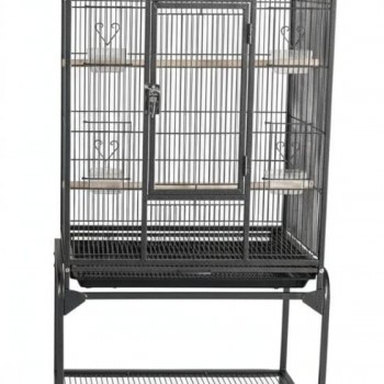 Large Black Metal Bird Cage with Stand & Storage Shelf (62×42 X138 cm), Rolling Casters, Play Top, Easy-Clean Tray for Small to Medium Birds – 5006A