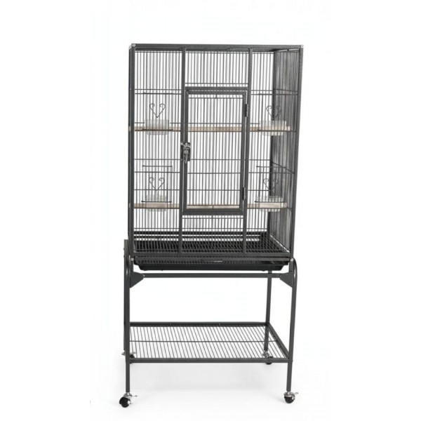 Large Black Metal Bird Cage with Stand & Storage Shelf (62×42 X138 cm), Rolling Casters, Play Top, Easy-Clean Tray for Small to Medium Birds – 5006A