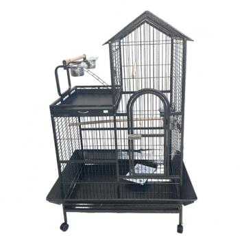 Large Wrought-Iron Parrot Cage with Play Top & Rolling Stand, 93 × 69 × 163 cm Black Metal Bird Cage for Small & Medium Birds – Model B015