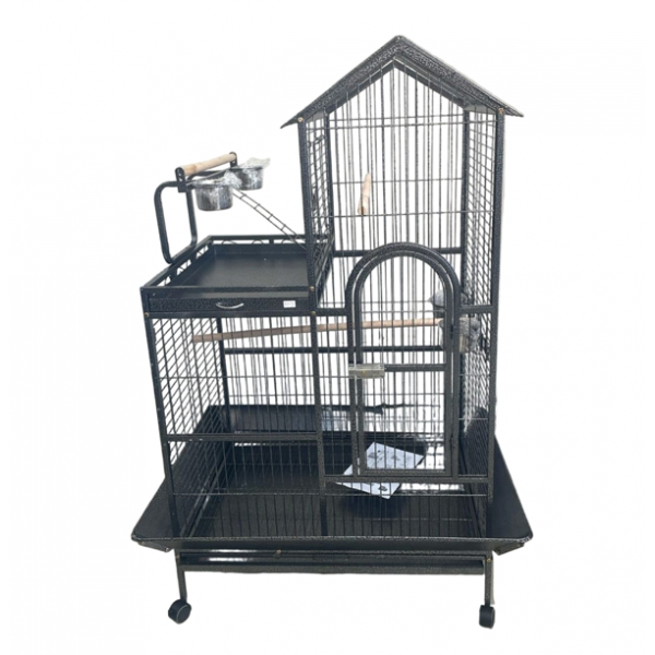 Large Wrought-Iron Parrot Cage with Play Top & Rolling Stand, 93 × 69 × 163 cm Black Metal Bird Cage for Small & Medium Birds – Model B015