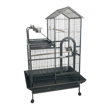 Large Wrought-Iron Parrot Cage with Play Top & Rolling Stand, 93 × 69 × 163 cm Black Metal Bird Cage for Small & Medium Birds – Model B015