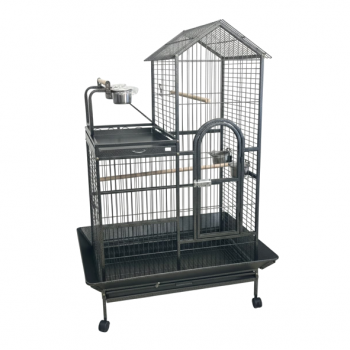 Large Wrought-Iron Parrot Cage with Play Top & Rolling Stand, 93 × 69 × 163 cm Black Metal Bird Cage for Small & Medium Birds – Model B015
