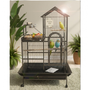 Large Wrought-Iron Parrot Cage with Play Top & Rolling Stand, 93 × 69 × 163 cm Black Metal Bird Cage for Small & Medium Birds – Model B015
