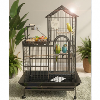 Large Wrought-Iron Parrot Cage with Play Top & Rolling Stand, 93 × 69 × 163 cm Black Metal Bird Cage for Small & Medium Birds – Model B015