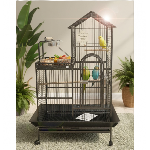 Large Wrought-Iron Parrot Cage with Play Top & Rolling Stand, 93 × 69 × 163 cm Black Metal Bird Cage for Small & Medium Birds – Model B015