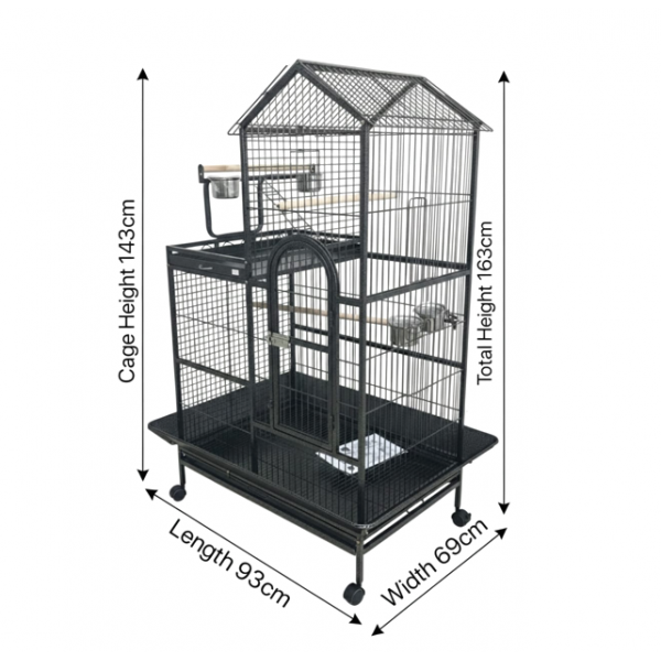 Large Wrought-Iron Parrot Cage with Play Top & Rolling Stand, 93 × 69 × 163 cm Black Metal Bird Cage for Small & Medium Birds – Model B015