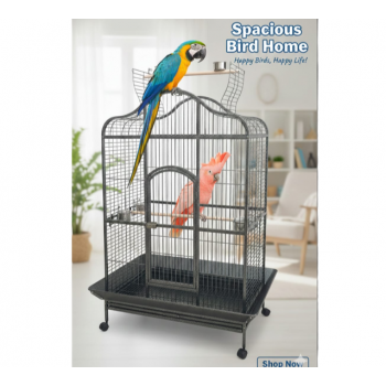 XL Open-Top Parrot Cage - Black (104 × 70 × 185 cm) Heavy-Duty Wrought Iron Aviary with Play Top, Seed Skirts, Stainless Steel Bowls & Wheels – Suitable for Large Parrots - B022