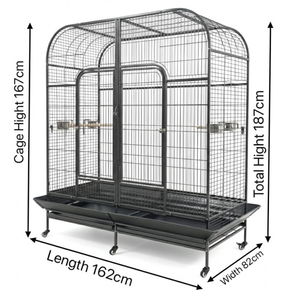 Extra Large Double Parrot Cage Aviary with Removable Divider, Dome Top, Heavy-Duty Wrought Iron, Lockable Wheels, Slide-Out Trays, for Macaws & Cockatoos, 162×82×187 cm – B050