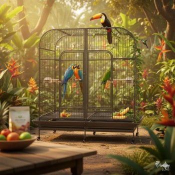 Extra Large Double Parrot Cage Aviary with Removable Divider, Dome Top, Heavy-Duty Wrought Iron, Lockable Wheels, Slide-Out Trays, for Macaws & Cockatoos, 162×82×187 cm – B050