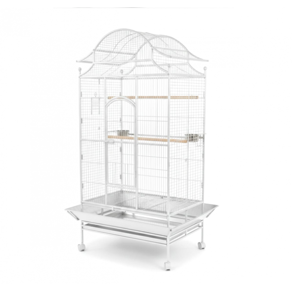Tropical Large Bird Cage Aviary with Rolling Stand, White Metal Parrot Cage 81×59×179 cm, Heavy-Duty Wrought Iron, Play Top & Slide-Out Tray – Model B057