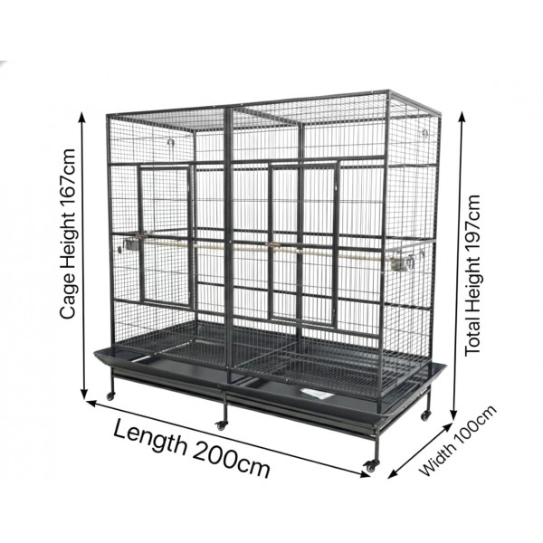 Extra-Large Double-Width Bird Cage – 200x100x197 cm Wrought Iron Aviary with Stand & Casters, Removable Divider, Perches & Feeding Cups for Small to Medium Birds - B069