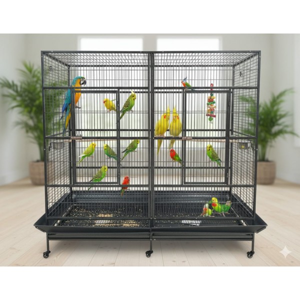 Extra-Large Double-Width Bird Cage – 200x100x197 cm Wrought Iron Aviary with Stand & Casters, Removable Divider, Perches & Feeding Cups for Small to Medium Birds - B069