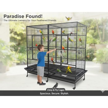 Extra-Large Double-Width Bird Cage – 200x100x197 cm Wrought Iron Aviary with Stand & Casters, Removable Divider, Perches & Feeding Cups for Small to Medium Birds - B069