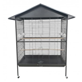 Extra Large Metal Bird Cage with Pitched Roof on Wheels, Non-Toxic Powder-Coated Wrought Iron, Sliding Doors, Pull-Out Sand Tray, Perches & Feeders, 120×80×177 cm, Model B070