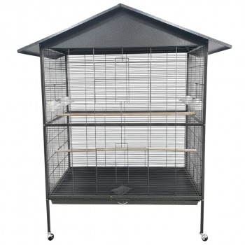 Extra Large Metal Bird Cage with Pitched Roof on Wheels, Non-Toxic Powder-Coated Wrought Iron, Sliding Doors, Pull-Out Sand Tray, Perches & Feeders, 120×80×177 cm, Model B070