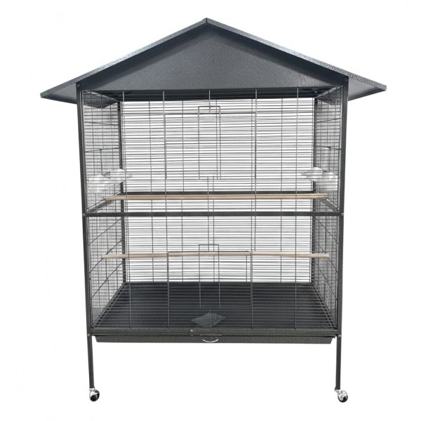 Extra Large Metal Bird Cage with Pitched Roof on Wheels, Non-Toxic Powder-Coated Wrought Iron, Sliding Doors, Pull-Out Sand Tray, Perches & Feeders, 120×80×177 cm, Model B070