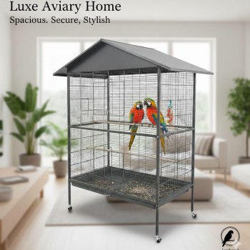 Extra Large Metal Bird Cage with Pitched Roof on Wheels, Non-Toxic Powder-Coated Wrought Iron, Sliding Doors, Pull-Out Sand Tray, Perches & Feeders, 120×80×177 cm, Model B070