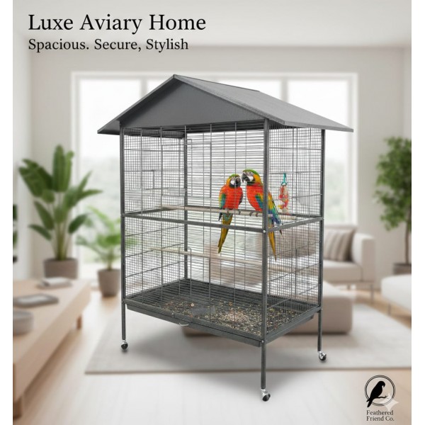 Extra Large Metal Bird Cage with Pitched Roof on Wheels, Non-Toxic Powder-Coated Wrought Iron, Sliding Doors, Pull-Out Sand Tray, Perches & Feeders, 120×80×177 cm, Model B070