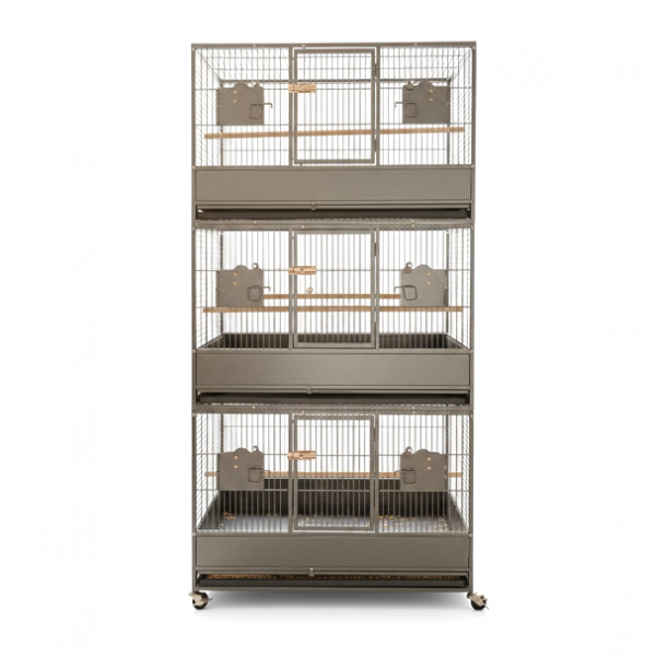 Extra Large Heavy Duty Triple-Stack Bird & Parrot Cage Aviary – XL Breeding Cage with Three Compartments, Rolling Casters, Wooden Perches, Stainless Steel Feeders, Pull-Out Trays – Black Wrought Iron, 93cm L x 60cm W x 187cm H - B073