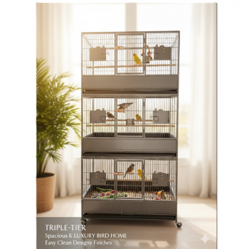 Extra Large Heavy Duty Triple-Stack Bird & Parrot Cage Aviary – XL Breeding Cage with Three Compartments, Rolling Casters, Wooden Perches, Stainless Steel Feeders, Pull-Out Trays – Black Wrought Iron, 93cm L x 60cm W x 187cm H - B073