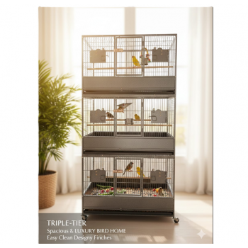 Extra Large Heavy Duty Triple-Stack Bird & Parrot Cage Aviary – XL Breeding Cage with Three Compartments, Rolling Casters, Wooden Perches, Stainless Steel Feeders, Pull-Out Trays – Black Wrought Iron, 93cm L x 60cm W x 187cm H - B073