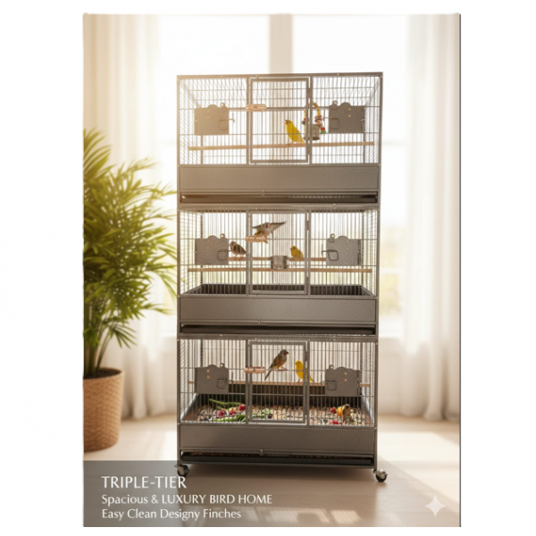 Extra Large Heavy Duty Triple-Stack Bird & Parrot Cage Aviary – XL Breeding Cage with Three Compartments, Rolling Casters, Wooden Perches, Stainless Steel Feeders, Pull-Out Trays – Black Wrought Iron, 93cm L x 60cm W x 187cm H - B073