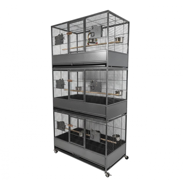 Extra Large Heavy Duty Triple-Stack Bird & Parrot Cage Aviary – XL Breeding Cage with Three Compartments, Rolling Casters, Wooden Perches, Stainless Steel Feeders, Pull-Out Trays – Black Wrought Iron, 93cm L x 60cm W x 187cm H - B073