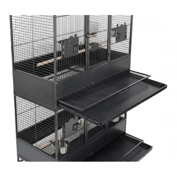 Extra Large Heavy Duty Triple-Stack Bird & Parrot Cage Aviary – XL Breeding Cage with Three Compartments, Rolling Casters, Wooden Perches, Stainless Steel Feeders, Pull-Out Trays – Black Wrought Iron, 93cm L x 60cm W x 187cm H - B073
