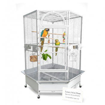 Jumbo Corner Parrot Cage – White, 186 cm Tall × 110×110 cm Footprint – Pentagonal ‘Diamond’ Front, XXL Bird Aviary with Casters – Model DBB074-1
