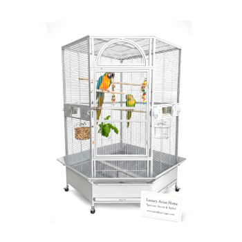 Jumbo Corner Parrot Cage – White, 186 cm Tall × 110×110 cm Footprint – Pentagonal ‘Diamond’ Front, XXL Bird Aviary with Casters – Model DBB074-1