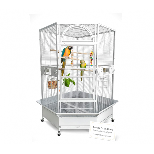Jumbo Corner Parrot Cage – White, 186 cm Tall × 110×110 cm Footprint – Pentagonal ‘Diamond’ Front, XXL Bird Aviary with Casters – Model DBB074-1