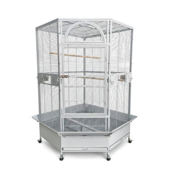 Jumbo Corner Parrot Cage – White, 186 cm Tall × 110×110 cm Footprint – Pentagonal ‘Diamond’ Front, XXL Bird Aviary with Casters – Model DBB074-1