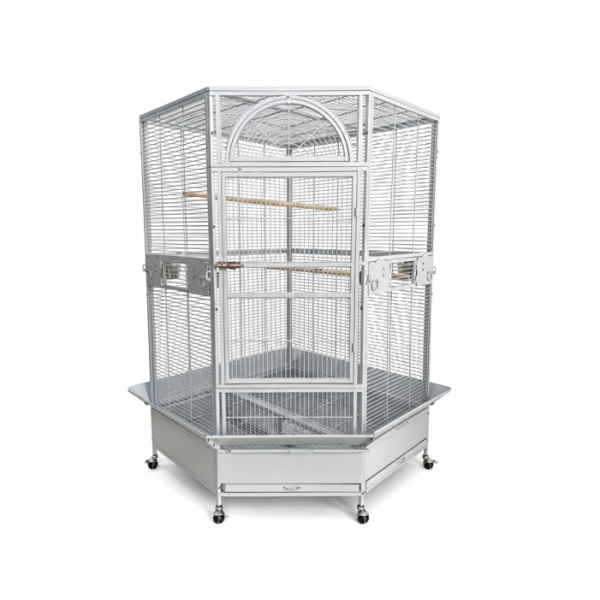 Jumbo Corner Parrot Cage – White, 186 cm Tall × 110×110 cm Footprint – Pentagonal ‘Diamond’ Front, XXL Bird Aviary with Casters – Model DBB074-1