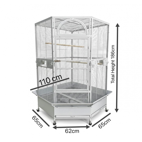 Jumbo Corner Parrot Cage – White, 186 cm Tall × 110×110 cm Footprint – Pentagonal ‘Diamond’ Front, XXL Bird Aviary with Casters – Model DBB074-1