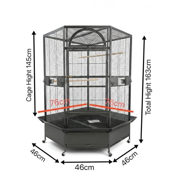 Jumbo Corner Parrot Cage, Black – 163cm Height, Pentagonal Diamond Front Large Bird Aviary with Casters, Model B075-1