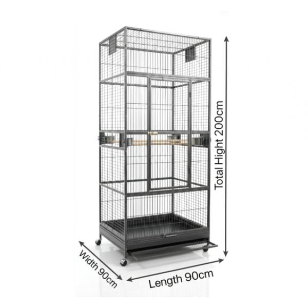 XXL Black Metal Bird Cage Aviary for Macaws, Parrots & Small Birds – 90x90x200cm, Multi-Level with Perches, Feeders & Rolling Stand – Model B076-1